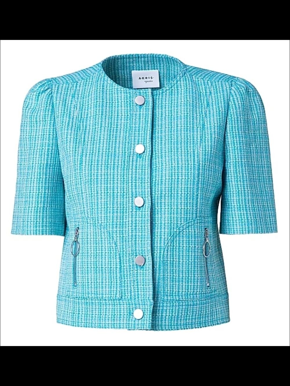 Akris Punto Turquoise Tweed Short Sleeve Jacket with Zip Accents